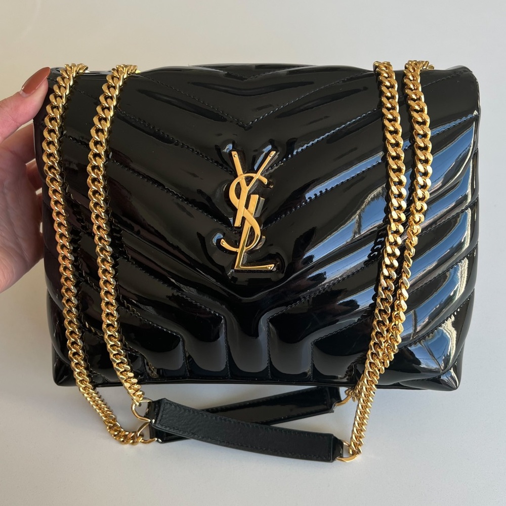 Saint Laurent (YSL) Black and Gold Patent Shoulder Bag -Worn 1X - Picture 6 of 16